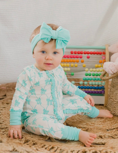 Teal Fairytale Bows Bamboo
Convertible Ruffle Zippy