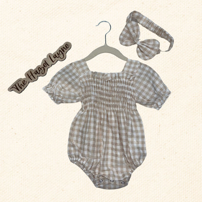 Gingham Scrunch Beige Romper