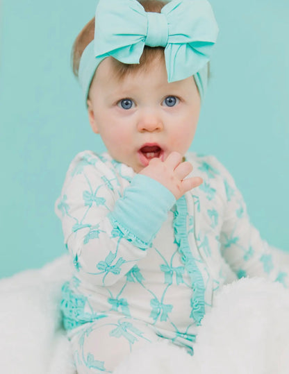 Teal Fairytale Bows Bamboo
Convertible Ruffle Zippy